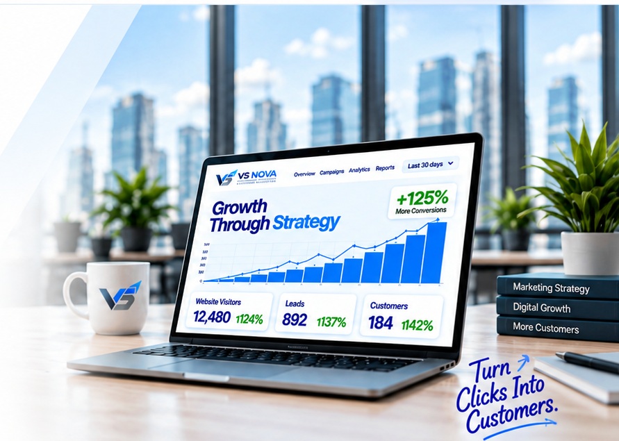VS NOVA growth strategy dashboard displayed on a laptop in a modern office